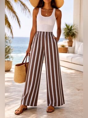 NWT Jucca Brown Blue Stripe Cotton wide leg trousers Elastic Waist Sz IT 42